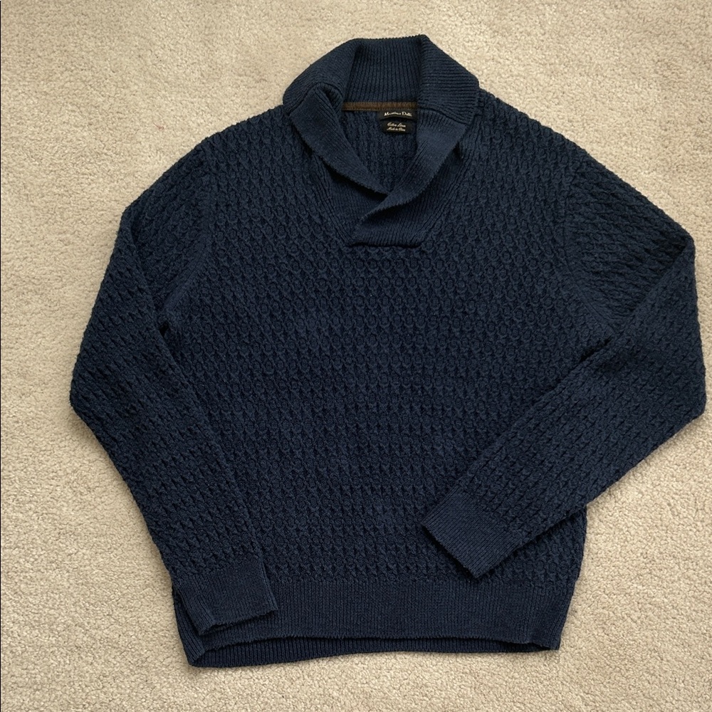 Massimo Dutti Linen-Cotton Blend Deep Blue Textured Cowl Neck Sweater - Size L